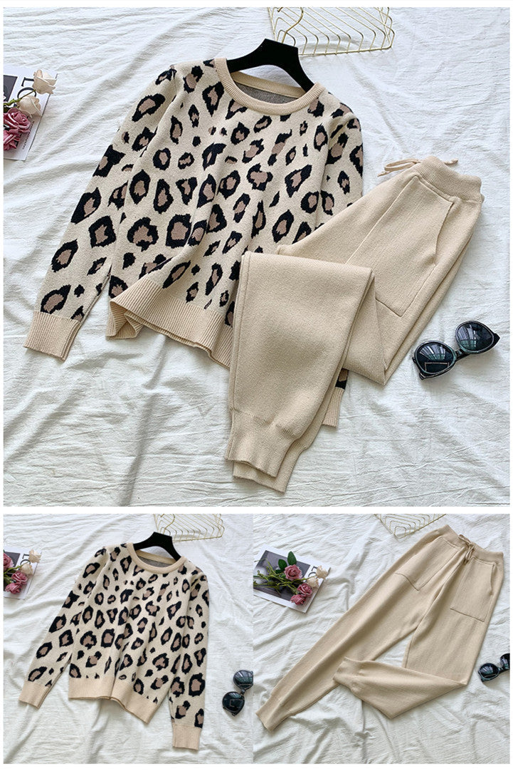Zephyr Strick Leoparden Pullover Sweatshirts + Elastischen Taillen Hosen Sets