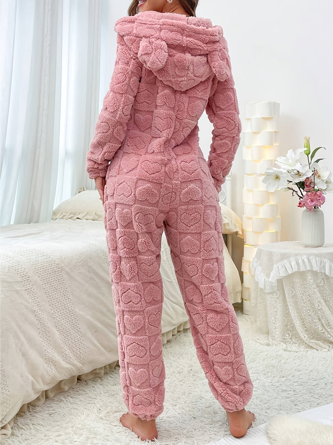 Zephyr | Rosa Herz-Kapuzenoverall Für Lässigen Winterkomfort Für Frauen