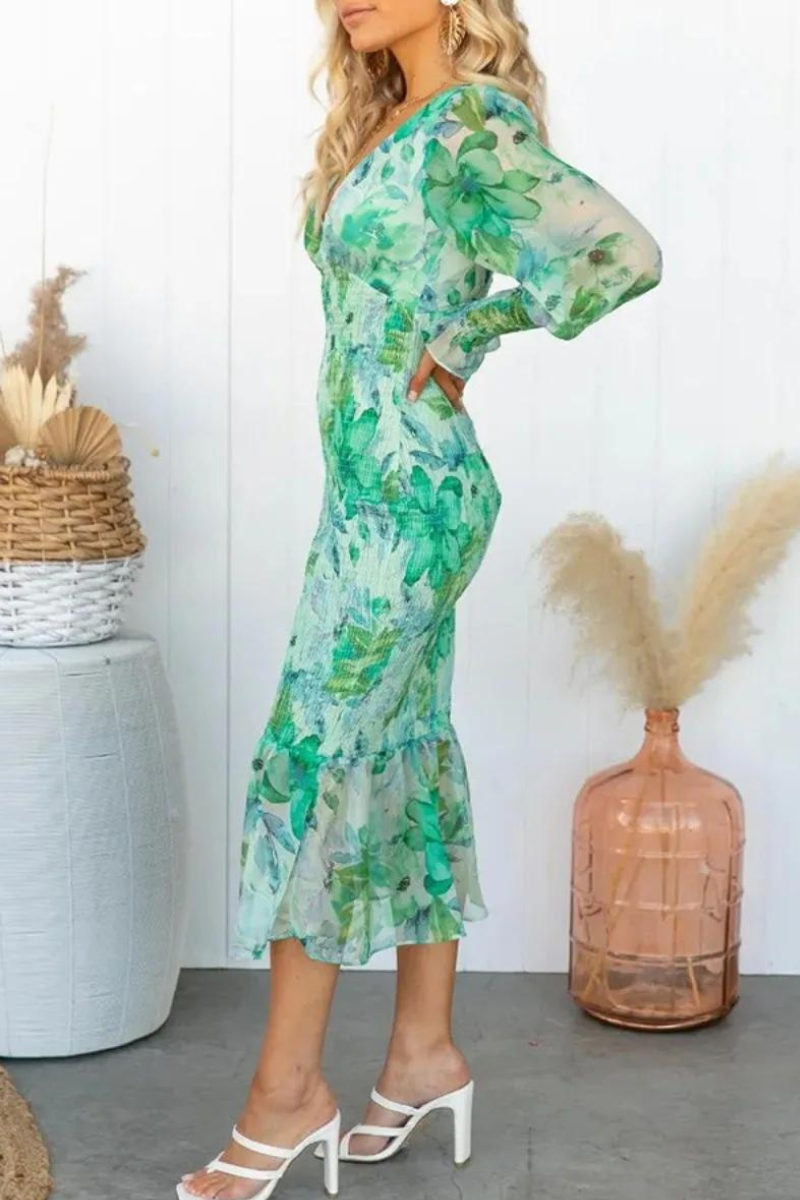 Zephyr | Langarm V Ausschnitt Elegantes Kleid Midikleid