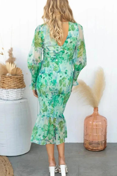 Zephyr | Langarm V Ausschnitt Elegantes Kleid Midikleid