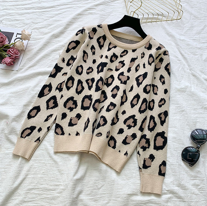 Zephyr Strick Leoparden Pullover Sweatshirts + Elastischen Taillen Hosen Sets