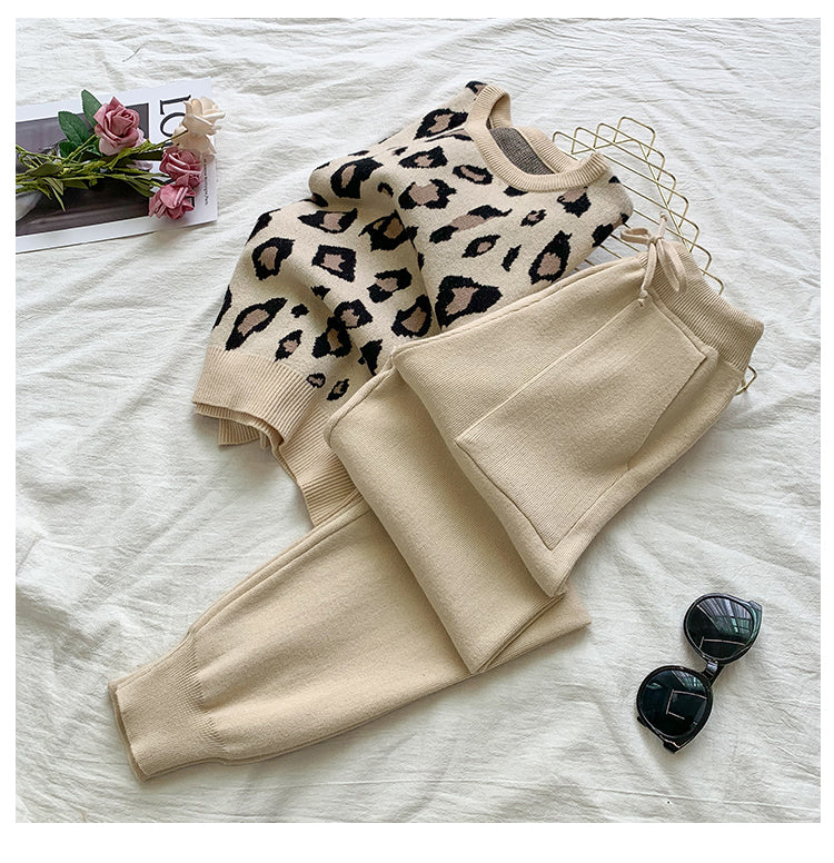 Zephyr Strick Leoparden Pullover Sweatshirts + Elastischen Taillen Hosen Sets