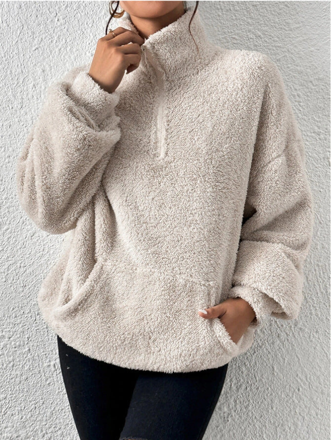 Zephyr Plüsch-Kängurutaschen-Stehkragen-Sweatshirt