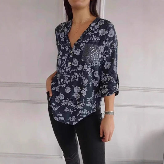 Zephyr | Bedrucktes Paillettenshirt mit langen Ärmeln