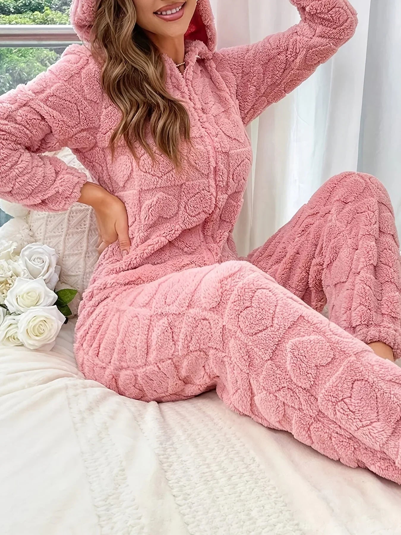 Zephyr | Rosa Herz-Kapuzenoverall Für Lässigen Winterkomfort Für Frauen