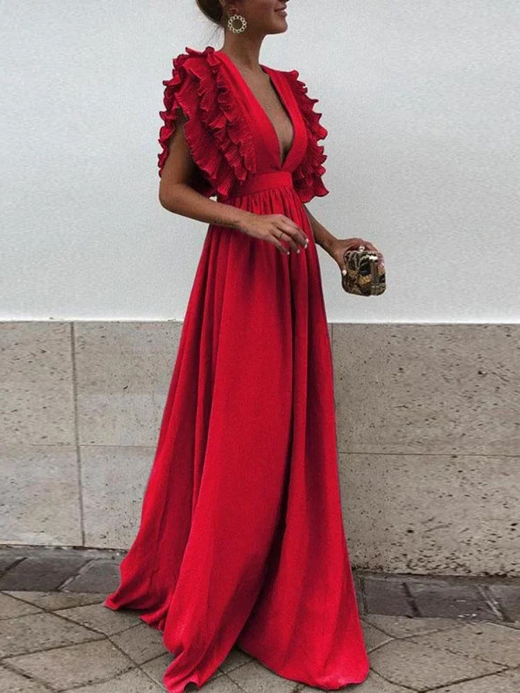 Zephyr - Elegantes V-Ausschnitt-Kleid mit Rüschärmeln